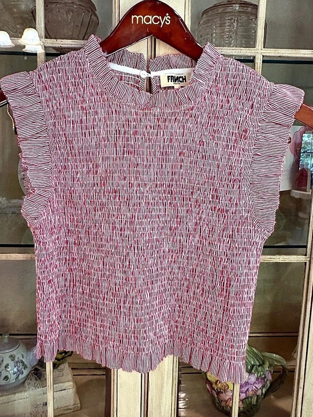 FRNCH Paris 100% Cotton Romantic Red Smocked Neck Blouse Red & White Medium